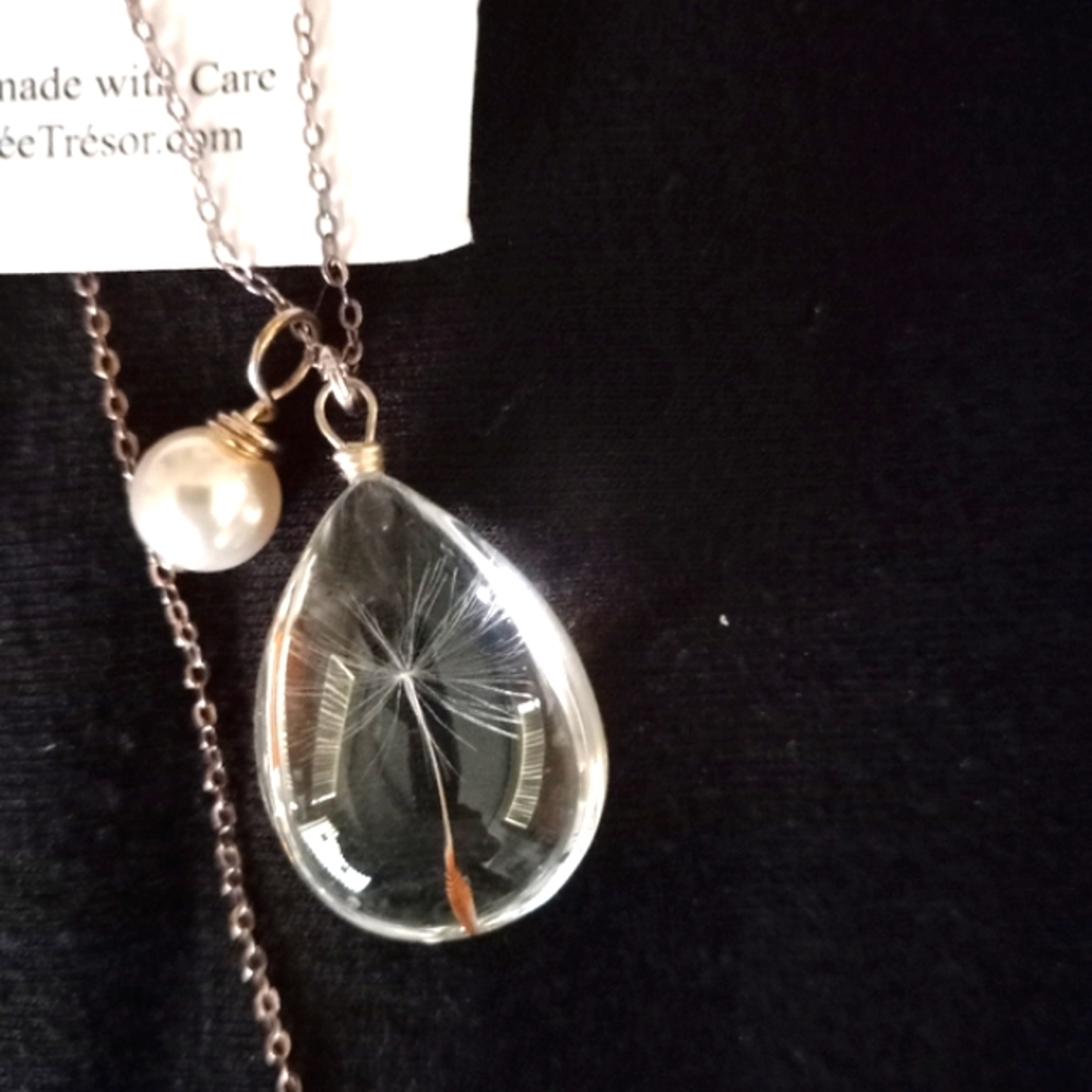 Dandelion Wish Pendant Necklace with Swarovski Crystal Pearl Charm 18" SS Chain